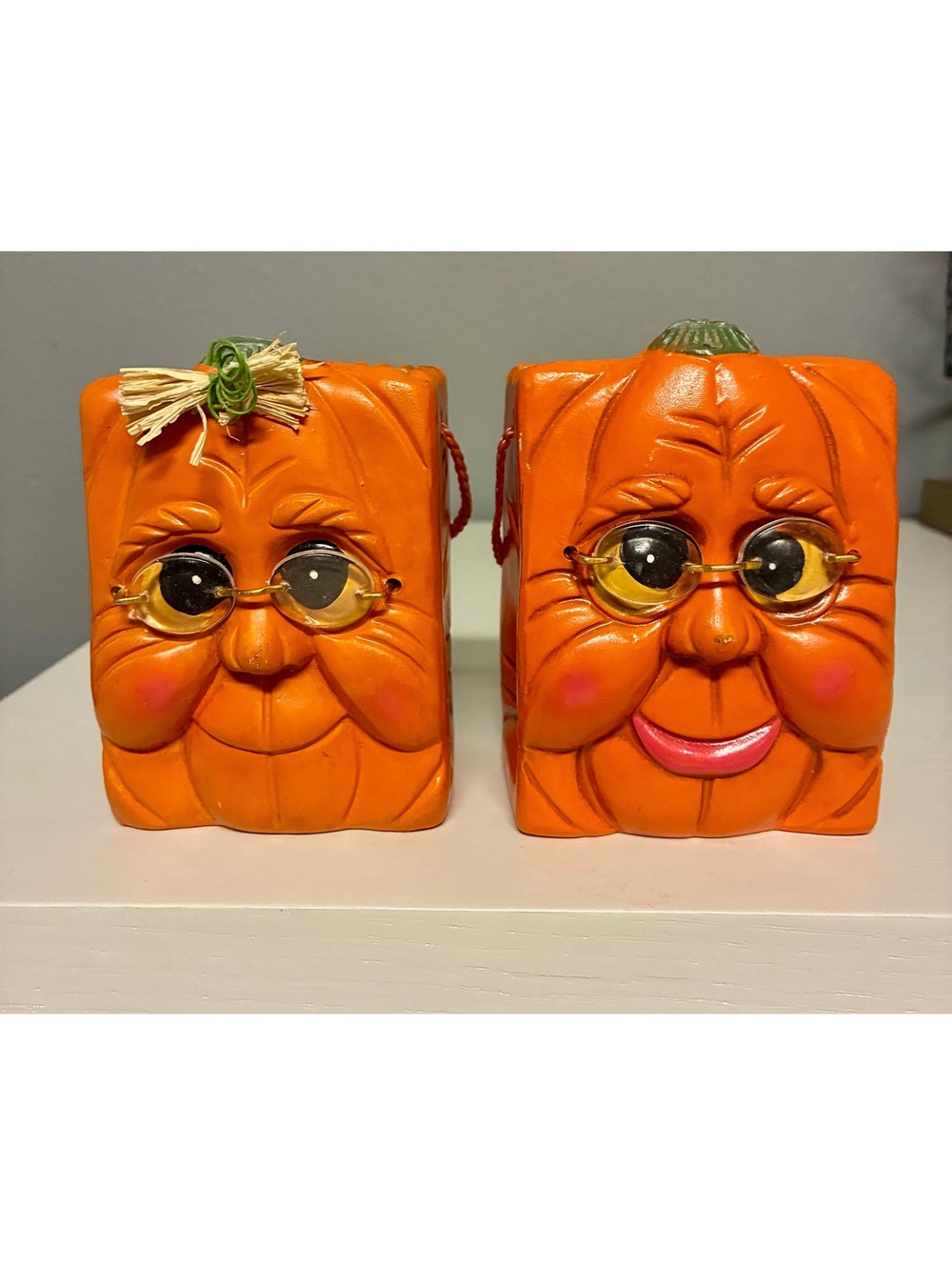 Anthropomorphic Vintage Ceramic Pumpkin Head Paper Bag  Fall Decor Set of 2